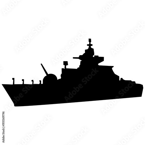 Silhouette of a modern military warship, destroyer or frigate vessel isolated on white background