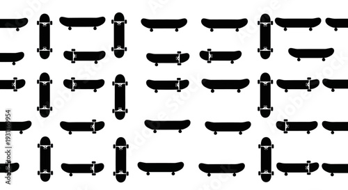 Seamless pattern with black skateboard silhouettes on a white background.
