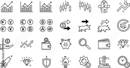 "Finance and business icon set: charts, graphs, money, cryptocurrency, bitcoin, euro, dollar, piggy bank, wallet, search, shield, idea bulb, laptop, pencil, exchange arrows – flat vector illustration"