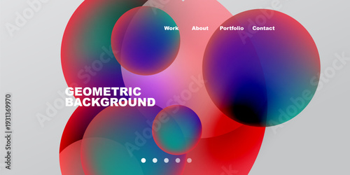 Abstract colorful shapes overlap. Text labels present work, about, portfolio, contact. Gradient background provides visual interest.