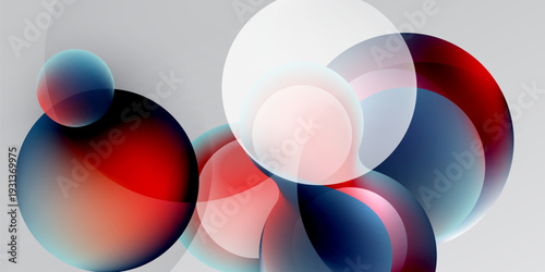 Abstract composition featuring overlapping circles. Red, blue, white hues blend, creating soft gradients. Minimalist design on black background.