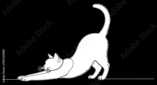 A minimalist continuous line drawing of a stretching cat.