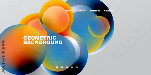 Abstract colorful shapes overlap, creating dynamic visual effect. Text elements present work, about, portfolio, contact. Gradient hues dominate composition.