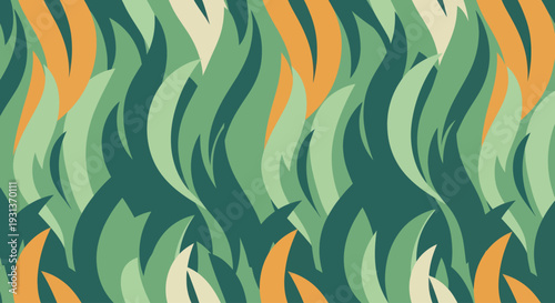 Abstract seamless pattern with wavy green leaves and orange accents in vector style