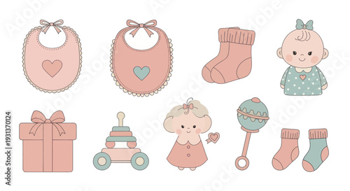 Collection of cute pink baby girl elements and nursery icons on white background