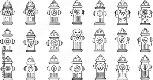 Black and white vector illustration of fire hydrants featuring various dog faces, paw prints, and bones in a detailed line art style, perfect for pet-themed designs.
