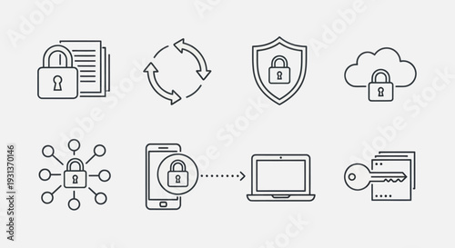 Cybersecurity and data protection line icon set for digital safety