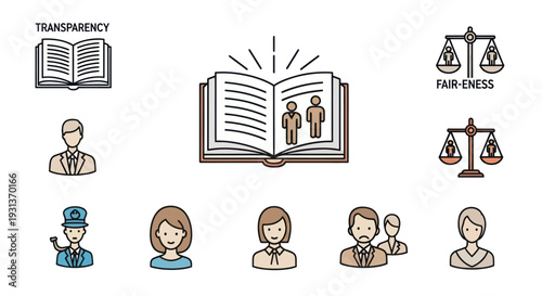 Set of flat vector icons representing legal justice, transparency, and social equality concepts.
