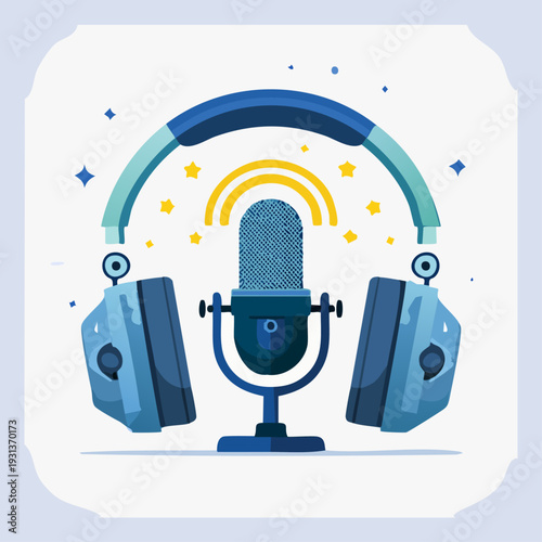 Vector illustration of a podcast studio microphone and blue headphones