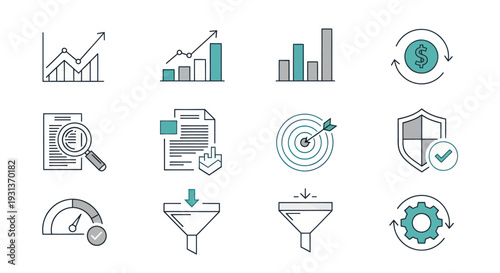 Professional business and data analysis icons set in flat line style
