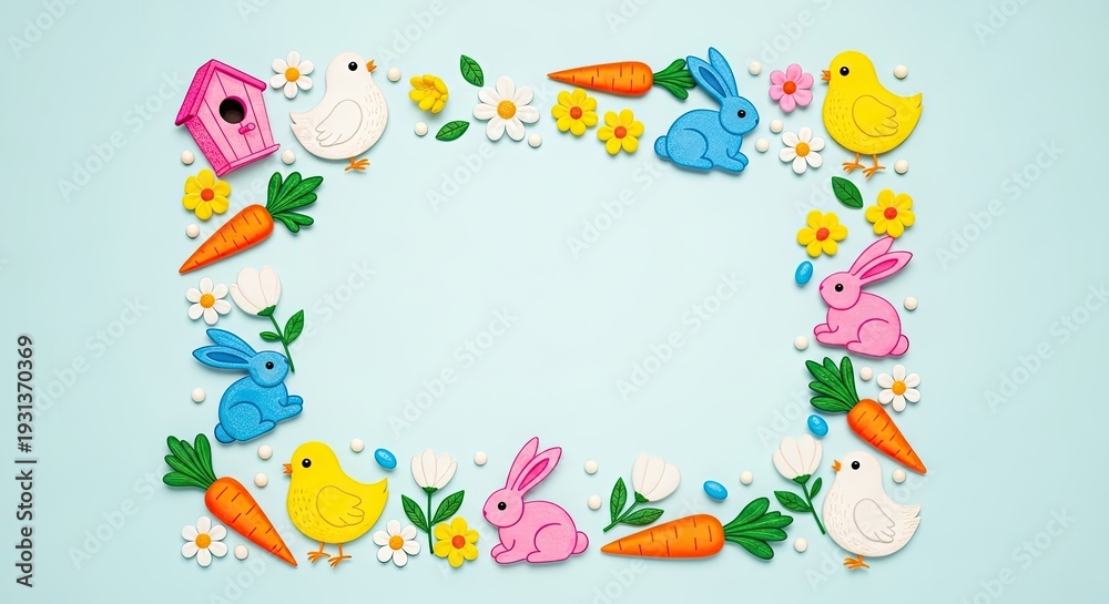 Fototapeta premium Easter celebration frame with colorful bunnies eggs and carrots