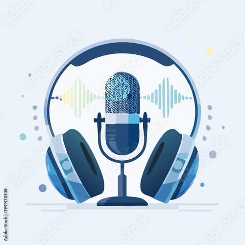 Podcast studio equipment with microphone, headphones, and sound waves illustration.