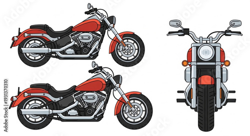Three views of a red motorcycle on a white background.