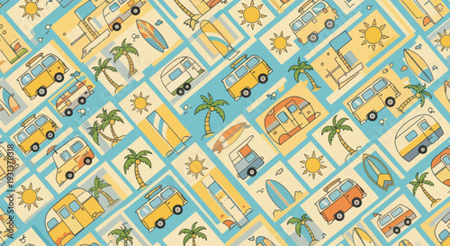 Cheerful seamless summer travel pattern with retro camper vans and tropical elements