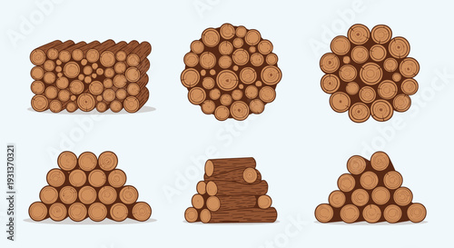 Set of various wood log stacks and firewood piles vector illustration.