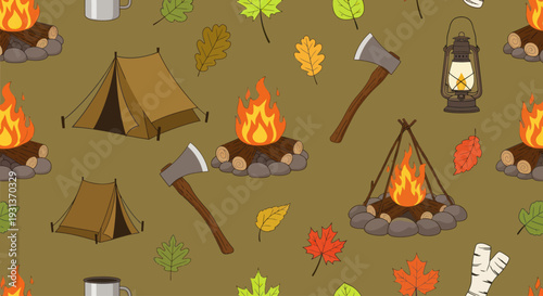 Seamless Autumn Camping Pattern with Outdoor Gear and Campfires