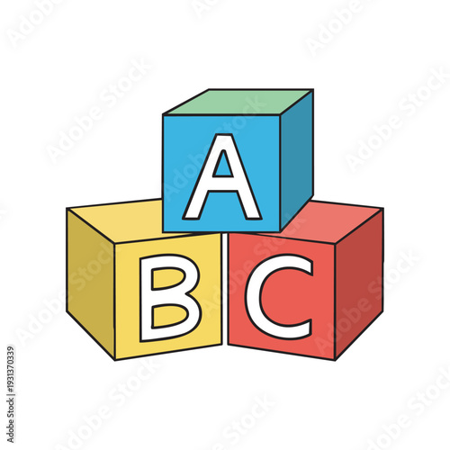 Wooden alphabet cubes with letters A, B, C, color vector illustration.