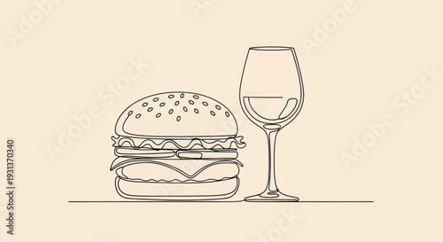 Line art of a burger and a glass of wine