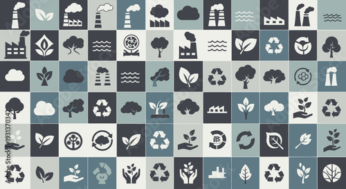 Environmental Conservation and Industrial Impact Icon Grid Background