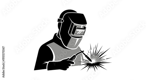 Professional welder in protective gear working with metal on white background