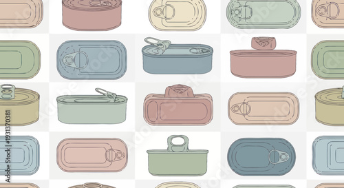 Seamless pattern of colorful retro canned food illustrations on a light background.