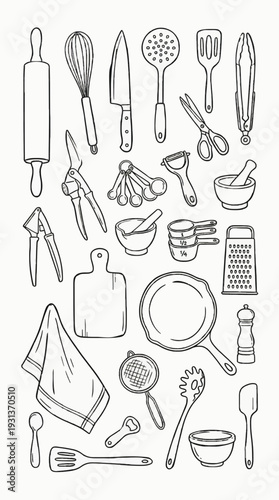 various kitchen tools arranged organically on white background, clean black ink line art, minimal stroke variation