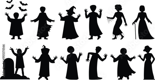 Halloween characters silhouette set with witch vampire ghost zombie and spooky kids isolated on white background black vector illustration collection