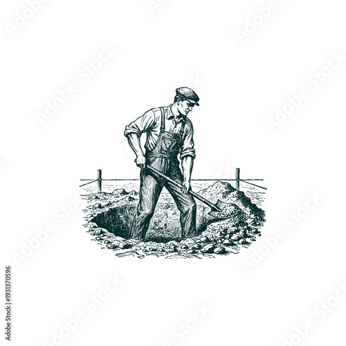 Vintage hand drawn engraving of a determined construction worker or laborer digging a deep hole with a shovel at a building site.