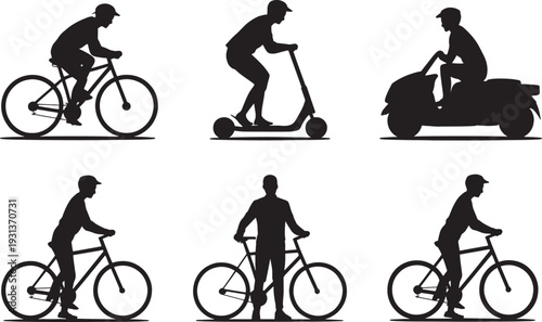 Black silhouettes of people riding bicycles scooters and motorcycles on white background