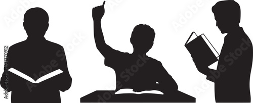 Black silhouettes of three students one raising hand and holding pen classroom school