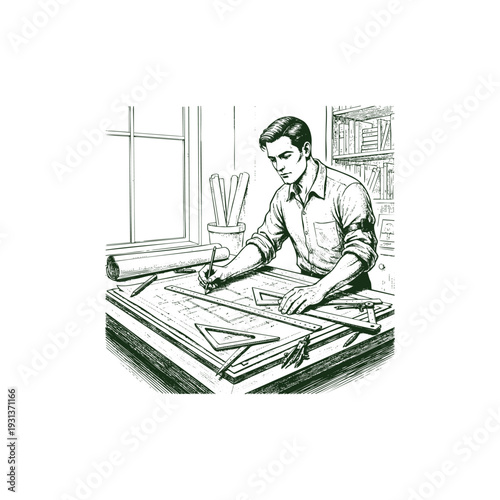 Vintage hand drawn illustration of a professional architect working on blueprints and technical drawings at a desk.