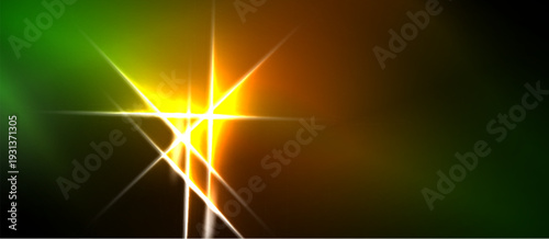 Bright light burst radiates from center. Gradient transitions between green, yellow, orange hues dominate composition. Dark background contrasts illumination.