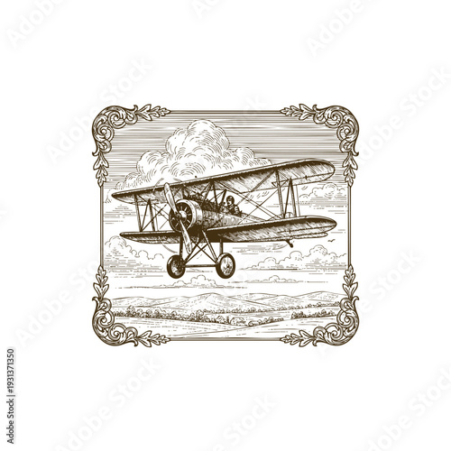 Vintage hand drawn engraving of a classic biplane flying over a rural landscape in an ornate decorative frame.