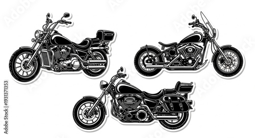 Three detailed black and white drawings of motorcycles.