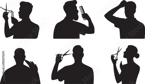 Silhouettes of people cutting and styling hair with scissors and combs haircut hairstyle