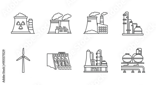 Collection of industrial factory and power plant icons.