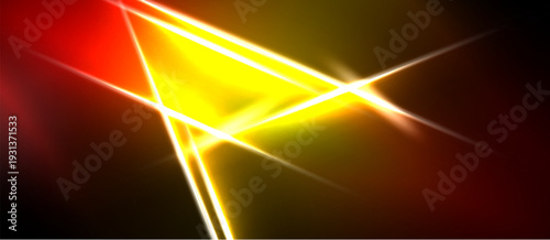 Bright abstract lines intersect. Yellow, red, orange hues dominate dark background. Dynamic energy radiates from central point.