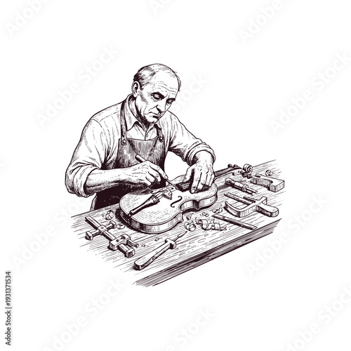 Vintage hand drawn engraving of a master luthier or craftsman meticulously repairing a violin at a wooden workshop desk.