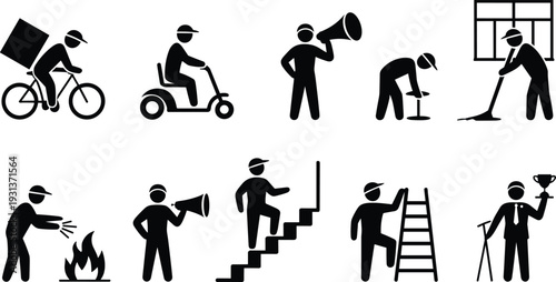 Human activity silhouette icons set with delivery courier cleaner speaker climber and business winner isolated on white background black vector symbols