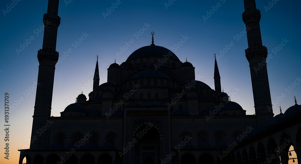 Fototapeta premium Mosque Silhouette at Sunset with Minarets