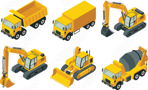 Isometric construction vehicles set with dump truck cargo truck excavator bulldozer and concrete mixer isolated on white background heavy equipment vector