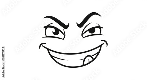 Smiling face with raised eyebrows and tongue out on white background expressing mischief and playfulness