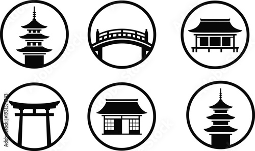 Japanese landmark icon set pagoda torii gate temple shrine and bridge silhouette vector symbols isolated on white background collection
