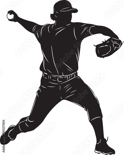 Baseball player pitching ball in dynamic motion silhouette style