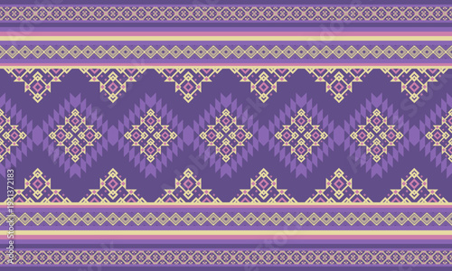 Purple Geometric Tribal rug Pattern in Pastel Tones, Boho Vintage Style for Interior Design. Seamless purple geometric tribal rug pattern featuring pastel tones and modern ethnic shapes.