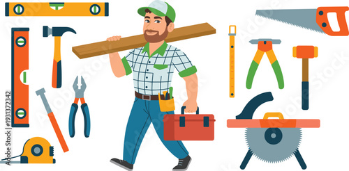Professional carpenter carrying wooden plank and toolbox surrounded by woodworking tools, flat vector handyman illustration isolated on white background