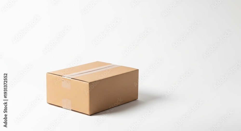 Fototapeta premium A brown cardboard box with a white tape on it on a white background.