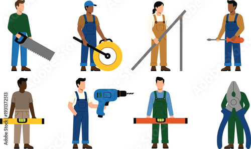 Professional construction workers and handyman characters set with tools, flat vector illustration isolated on white background, carpentry and building industry concept