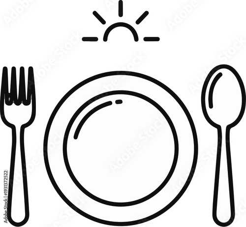 Minimalist line art of a place setting with a fork, plate, spoon, and sunrise