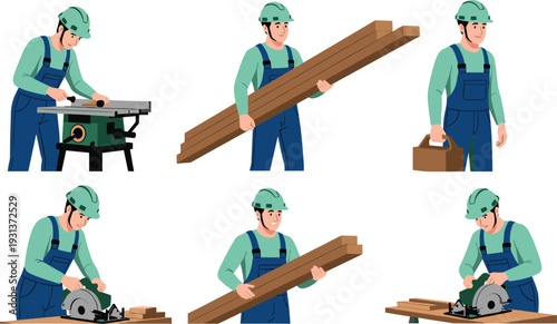 Professional carpenter working with timber planks and power saw machines set, construction worker flat vector illustration isolated on white background